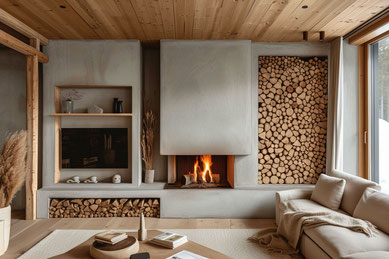 Kamin mit integrierter Sitzbank - Raumgestaltung - Kachelofen - Desingn - Inneneirichtung – Raumplanung - Einrichten – Innenarchitekt – Holz 