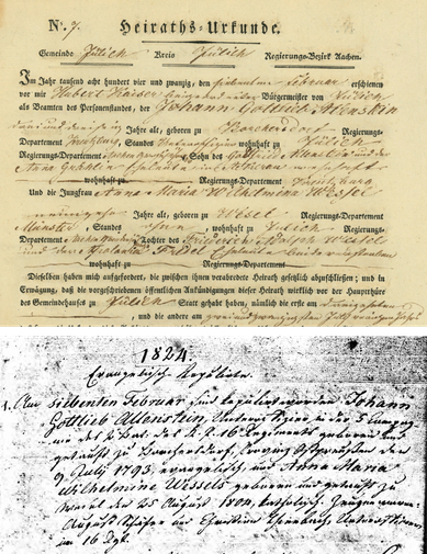 Die beiden Heiratsurkunden (oben zivil, unten kirchlich) vom 07.02.1824