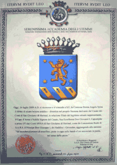 Decreto di attribuzione della brisura sul proprio Stemma a S.E. Donna Angela Spina, Duchessa di San Girolamo di Heristal.