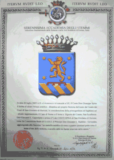 Decreto di attribuzione della brisura sullo Stemma del Duca Ereditario S.E. Don Giuseppe Spina.