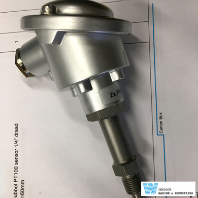 A double PT100 temperature sensor with ¼” thread ready for shipment.