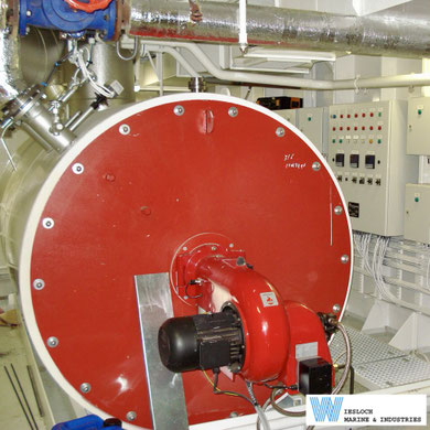 Weishaupt oil burner installed on a heater aboard a vessel.