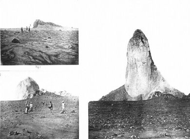 Etapes de la formation du dôme de lave visqueuse de la montagne Pelée (réunion) en 1902. Sources:Photographies  A. Lacroix - 1902  