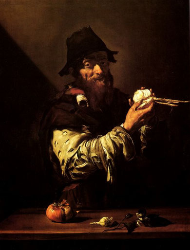 "El olfato" 1616,colección Juan Abelló. Ribera recurre a las mismas estrategias narrativas del resto de la serie, llama la atención la inmediatez de su contenido, una lágrima delata la experiencia personal para advertir el olor a cebolla...