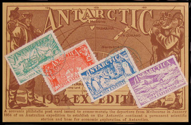 An illustrated "Antarctic" postcard showing the four different values and cancelled.