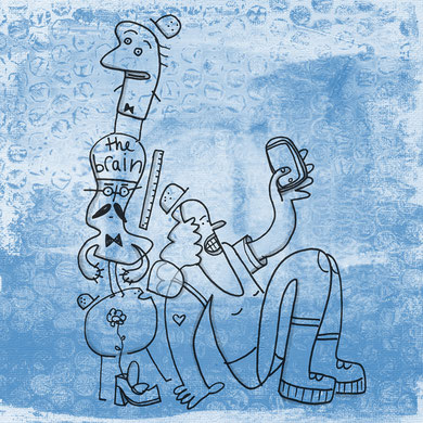 Skizze von Figuren mit Bauhelmen und einer Frau die ein Selfie macht, die ein Selfie macht, Illustration von Frank Schulz Art, Berlin, mit Tusche und Acryl
