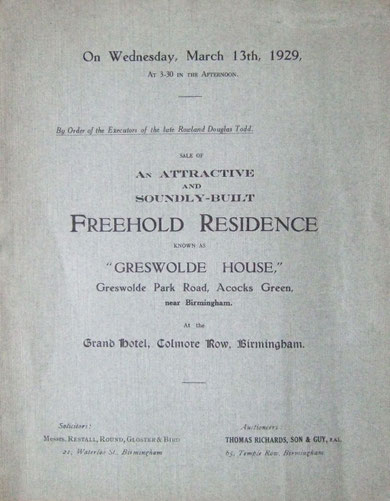 Greswolde House sale catalogue, 1929, front cover