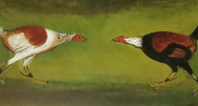 19th century Naive oil of a cock fight