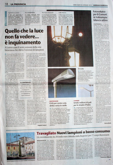 Giornale di Brescia 25 gennaio 2012, a Lumezzane il sesto sensore della rete Bresciana per rilevare l'eccesso di luce verso il cielo stellato.