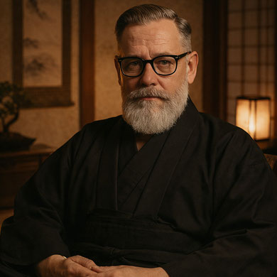 Das Bild zeit ein Portrait von Peter Hollo in Zen-Kleidung.