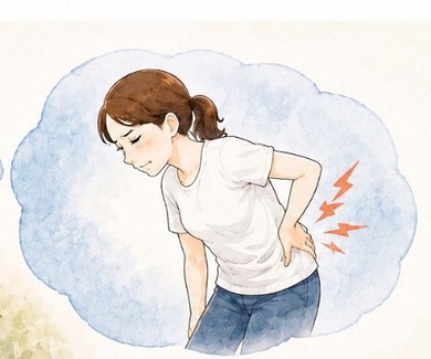 前かがみが怖かったり腰痛の不安やストレスに悩む女性のイラスト（非特異的腰痛のイメージ）