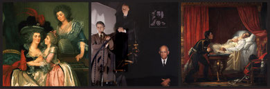 De gauche à droite : Mosnier, La famille Bergeret de Grandcourt (détail) ; Clegg & Guttmann, Group Portraits of Executives with Titian’s allegory of Prudence (détail), 1981 ; Auguste Couder, La mort d