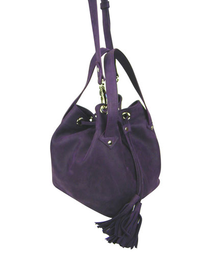 sac bourse ou sac seau en cuir aubergine made in france, haut de gamme