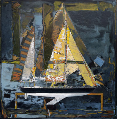 voilier de profil aux voiles jaunes sur fond bleu