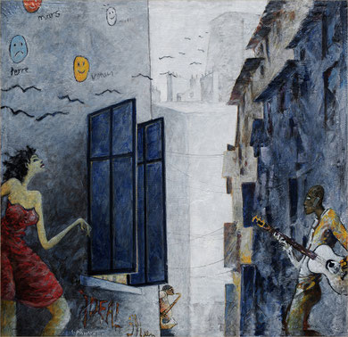 rues,fenètres,volets tres bleus,,danseuse en robe rouge a gauhe , un guitariste en chemise jaune a droite et saxophone sous les volets