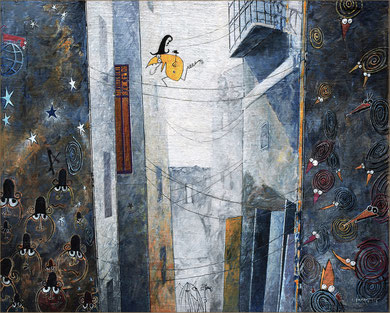 une rue avec volets et balcon bleu, un shadock jaune coure sur un fil, des gibis a  gauche, des shadocks a droite