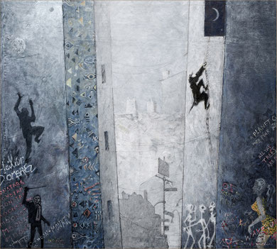 art,tableau,peinture,rues,personnage monte une echelle vers une lune,tags muraux,impressionniste,figuratif,inspiration,exploration