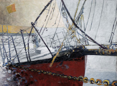 voilier rouge au franc bord noir, balcon et chaine au bout dehors voile jaune en haut a gauche