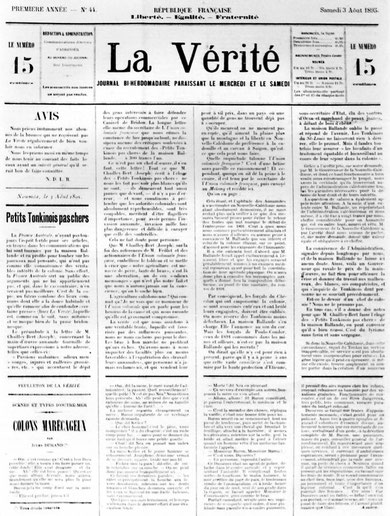 La "une" du numéro 44 de La Vérité, le dernier numéro de ce journal (3 août 1895).
