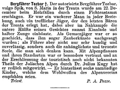 Nachruf auf Anton Tožbar 1891