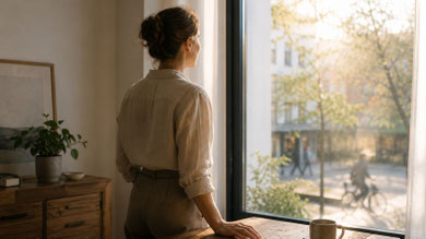 ine Frau steht ruhig am Fenster eines hellen Raumes, bevor der Tag beginnt. Ihre gesammelte Haltung symbolisiert Selbstführung: der bewusste Moment zwischen Wahrnehmen und Entscheiden, bevor äußere Anforderungen die Richtung bestimmen.