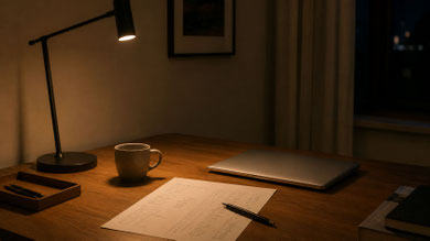 Aufgeräumter Schreibtisch am späten Abend mit einer einzelnen Lampe, einem geschlossenen Laptop und einer handschriftlich beschriebenen Seite. Die ruhige Szene steht für die stille Stunde des Rechnens und Entscheidens.