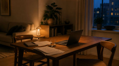 Ein Esstisch am Abend mit zwei Stühlen, einem geöffneten Laptop und einigen Unterlagen. Im Hintergrund geht der Essbereich in das Wohnzimmer über. Die ruhige Szene zeigt, wie sich berufliche und private Welt im Alltag überlagern.