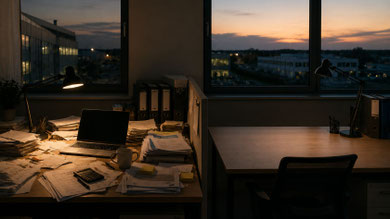 Zwei Arbeitsplätze in der Abenddämmerung. Ein Schreibtisch ist voller Unterlagen und Arbeitsmaterialien, der zweite daneben bleibt leer und aufgeräumt. Der Kontrast zwischen beiden Plätzen steht für ungleich verteilte Verantwortung & Last im Arbeitsalltag