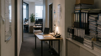 Ein Büroflur mit einem provisorischen Arbeitsplatz im Durchgang und gestapelten Ordnern an der Wand. Die ruhige Szene zeigt, wie vorübergehende Lösungen dauerhaft Teil des Arbeitsalltags geworden sind.