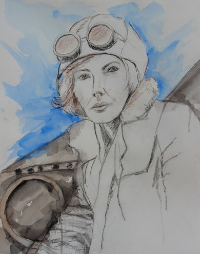 Die Pilotin  32  x 41  Aquarell, Bleistift