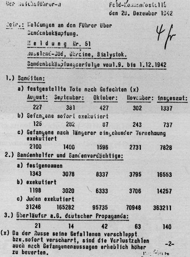 Extrait d'un rapport d'Himmler à Hitler annonçant l'assassinat de 363211 Juifs d'août à novembre 1942 en Union Soviétique occupée.