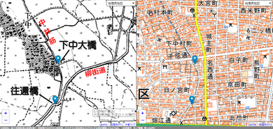 「今昔マップ」に筆者加筆。青いマークはほぼ同位置。