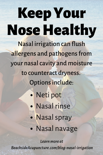 "Keep Your Nose Healthy" over woman and child touching noses at the beach