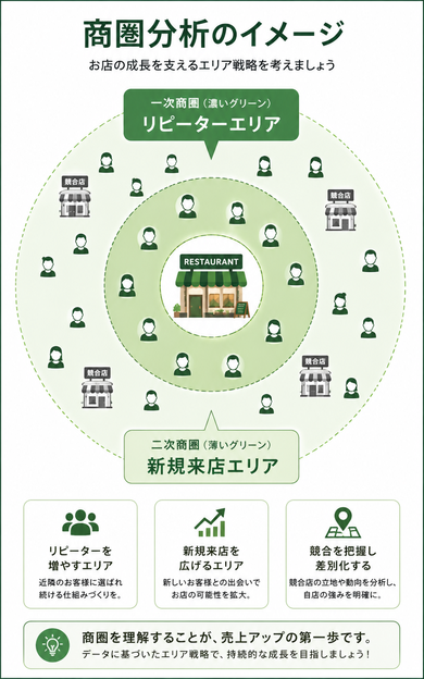 商圏分析で地域にどのような人が住んでいるか、競合などを調査します。