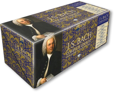 From the front, you can see a hovering CD box with 142 Bach CDs. Haußmann's portrait of Bach is on both the top and the side. And you can see the letters "J.S. Bach" on all three sides.