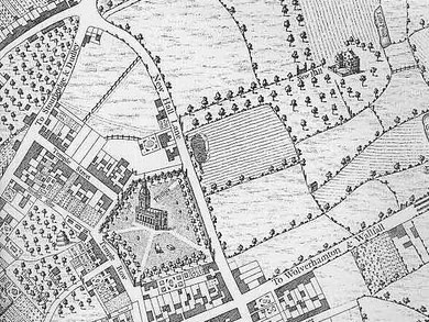 Westley's map of 1731 is oriented with west at the top. New Hall Lane is now Colmore Row; the road to Stourbridge and Dudley is New Street; the road to Wolverhampton and Walsall is Constitution Hill.