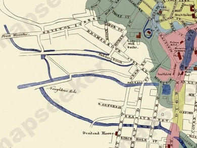 James Drake's map of Birmingham 1825 shows Vaughtons Hole beyond the built-up area of the town. However, the exact nature of the hole is unclear. Image from the Mapseeker website, non-commercial use permitted.