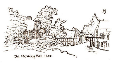 Conjectural drawing of Old Moseley Hall by John Morris Jones 1998 'Moseley'. Reuse is permitted for non-commercial education purposes.