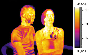 Claque d'une jeune fille sur le visage d'un garçon qui a posé sa main sur sa poitrine, thermographie infrarouge © Flir