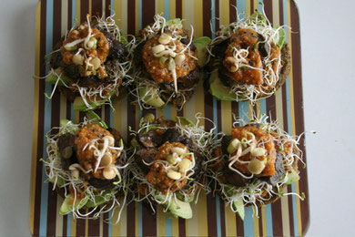 Open face sunflower burgers with pesto mushrooms and spicy chutney
