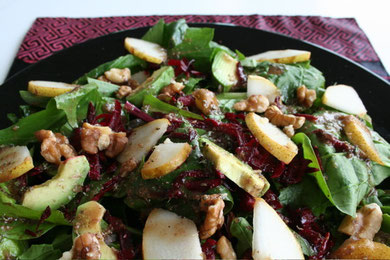 Raw Spinach with Pear, Gorgonzola, Red Beet, Walnuts and Pomegranate