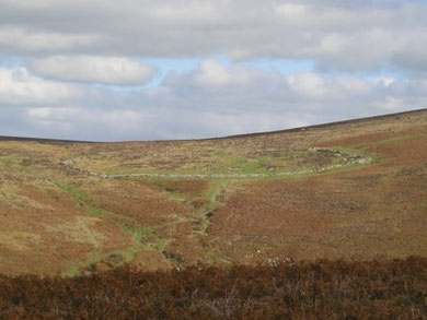 Towards the circular wall of Grimspound bronze-age settlement.