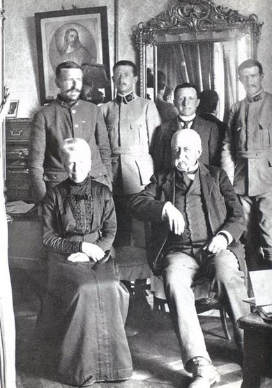 At Sarcenat, 1917.  Behind M. and Mme. Teilhard de Chardin, from left is Pierre, Gabriel, Xavier le Marechal, and Olivier.  Olivier died of wounds in 1918 and another brother, Gonzague was killed in 1914.