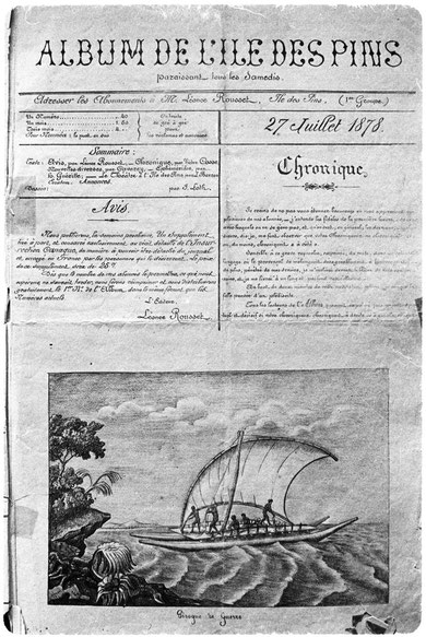 ALBUM DE L'ILE DES PINS (Première page du numéro 4 : le titre de la gravure, "Pirogue de guerre", est surtout motivé par le fait qu'on est alors en pleine insurrection canaque)