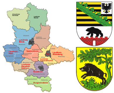 Sachsen-Anhalt mit Landkreisen sowie das Wappen (oben), unteres Wappen, Stadt Wörlitz. Grüner Pfeil, Wörlitzer Park!