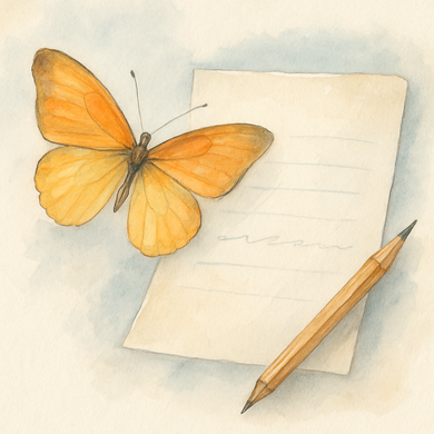 Bild zeigt einen Schmetterling, Stift und Papier - Symbol für Journaling & wingwave