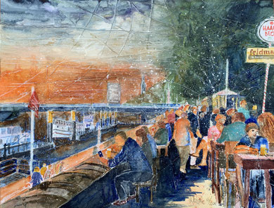 Bremen_ Sommerabend an der Schlachte_Mixed-Media Aquarell 50x65cm_8-2024