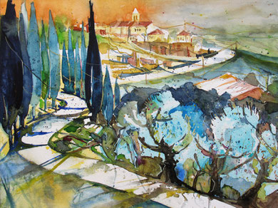 Toskana_Olivenbäume und Zypressen bei San Miniato_36x48 cm