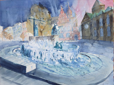 Bremen_Neptunbrunnen auf dem Domshof_Aquarell 45 x 61 cm_2-2017