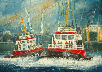 Hamburg_ "Schlepperbalett beim Hafenfest_ Mixed-Media Collage auf Leinwand 50x60 cm